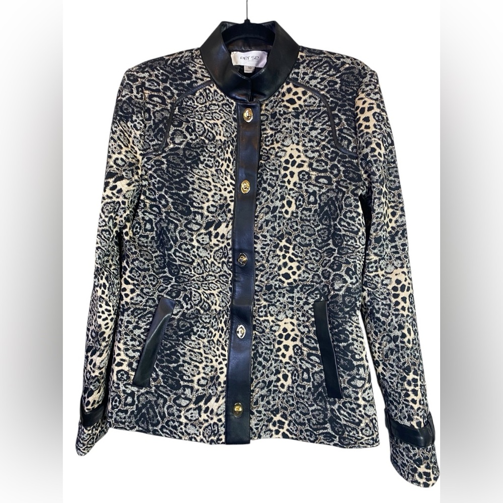 PerSe Leopard Print Jacket with Vegan Leather Trim Gold Tone Clasps Nehru Collar